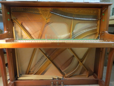 Tablage piano droit, sommier (caché par le cadre en fonte), table d'harmonie, chevalets, cadre, chevilles, cordes.